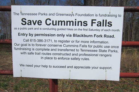 Cummins Falls Sign to visitors