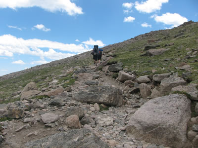 backpackers heading up Longs Peak